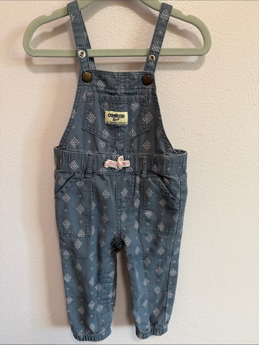 OshKosh B'gosh Slate Blue Printed Kids Overalls with Pink Bow Accent